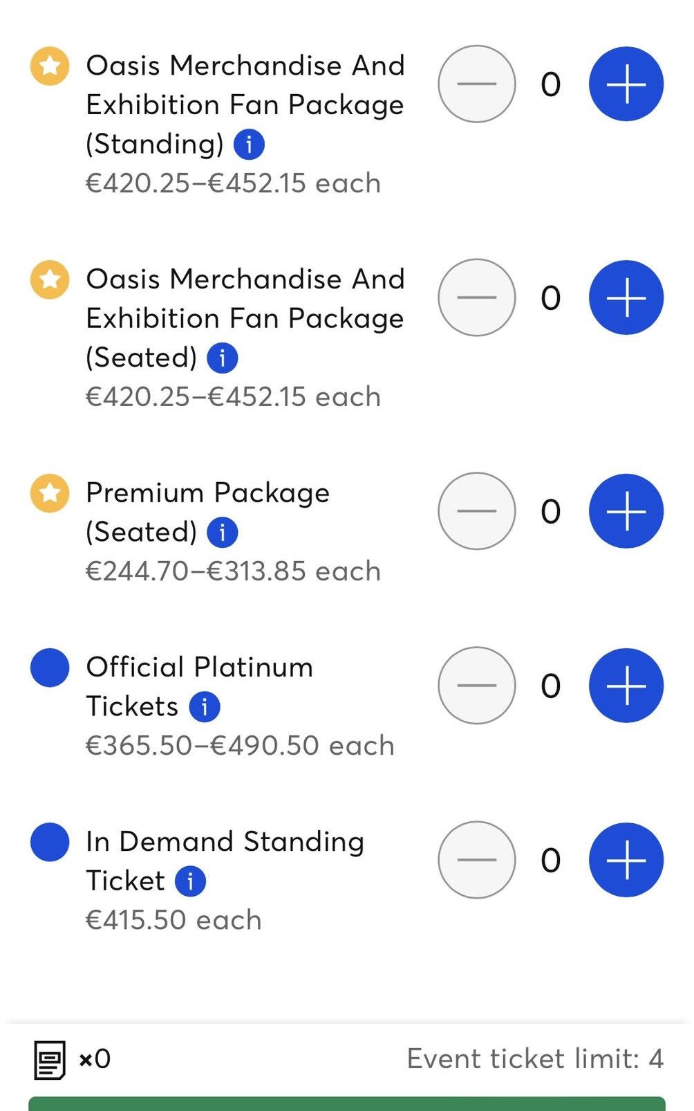 The available seat prices currently available for Dublin