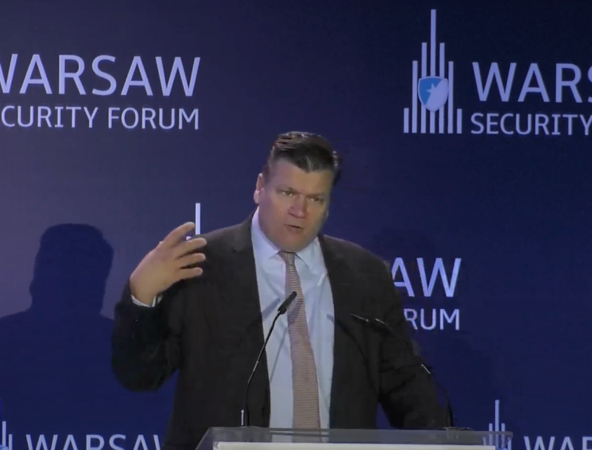 James Heappey in Warsaw warns that Western military stockpiles are ‘looking a bit thin’ (Warsaw Security Forum)