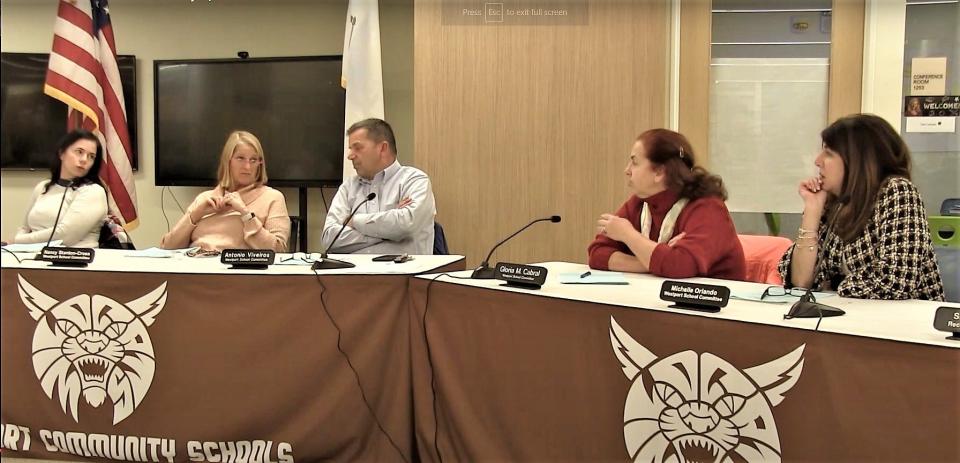 At their Feb. 2 meeting, Westport School Committee members voted to join a national mass action lawsuit against several social media companies, alleging harmful psychological impacts to youth who use services like TikTok, Snapchat, YouTube and others. Pictured here are: (left to right) Melissa Pacheco, Nancy Stanton-Cross, Antonio Viveiros, Gloria Cabral and Michelle Orlando.