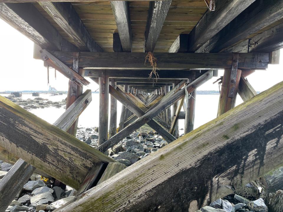 During low tide, a view of the underneath of the pier at Fort Foster can be seen. The recent back to back storms that hit the Seacoast damaged a number of nautical structures in Kittery.