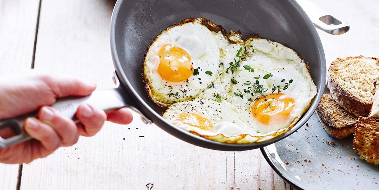 fried eggs on greenpan saute pan