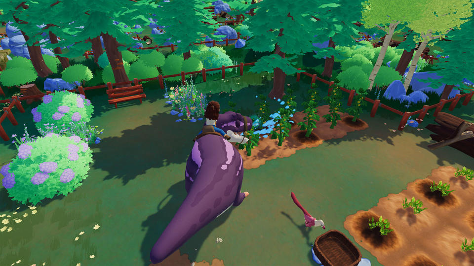 A player riding the Tyrannosaurus Rex in Paleo Pines.