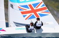 WEYMOUTH, ENGLAND - JULY 29: Iain Percy and Andrew Simpson of Great Britain in action during the first Star Class race of the London 2012 Olympic Games at the Weymouth & Portland Venue at Weymouth Harbour on July 29, 2012 in Weymouth, England. (Photo by Clive Mason/Getty Images)