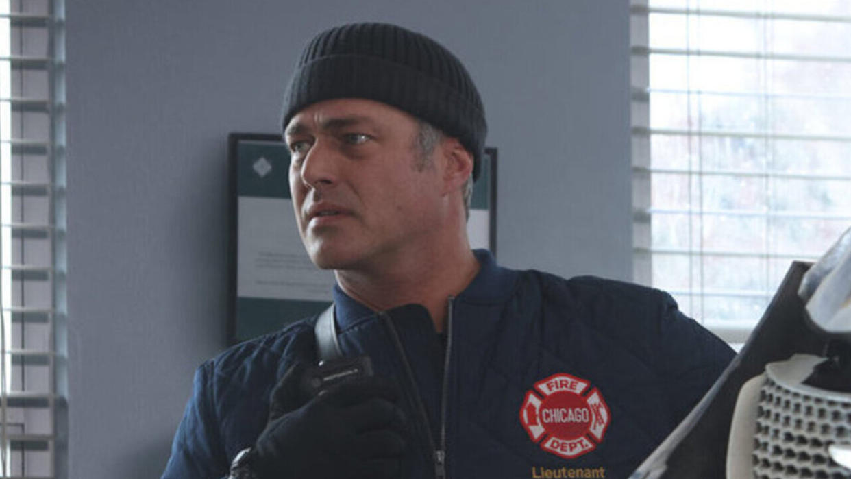  Severide looking at Stella in a falling car in Chicago Fire Season 12x10. 