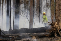 Forestry Corporation worker Holly James keeps an eye on a controlled fire set to help build a containment line at a wildfire near Bodalla, Australia, Sunday, Jan. 12, 2020. Authorities are using relatively benign conditions forecast in southeast Australia for a week or more to consolidate containment lines around scores of fires that are likely to burn for weeks without heavy rainfall. (AP Photo/Rick Rycroft)