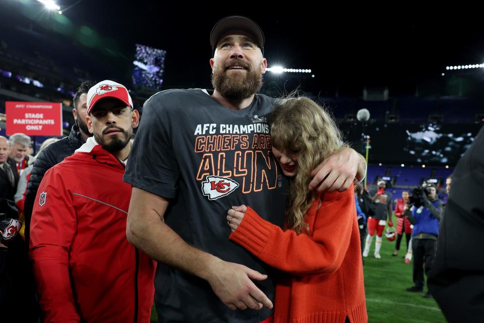 BALTIMORE, MARYLAND - JANUARY 28: Travis Kelce #87 of the Kansas City Chiefs celebrates with Taylor Swift after a 17-10 victory against the Baltimore Ravens in the AFC Championship Game at M&T Bank Stadium on January 28, 2024 in Baltimore, Maryland. (Photo by Patrick Smith/Getty Images) ORG XMIT: 776080236 ORIG FILE ID: 1968562048