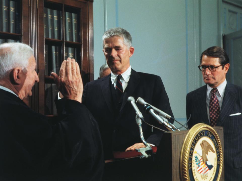 Archibald Cox (center) is sworn in as Special Watergate Prosecutor.