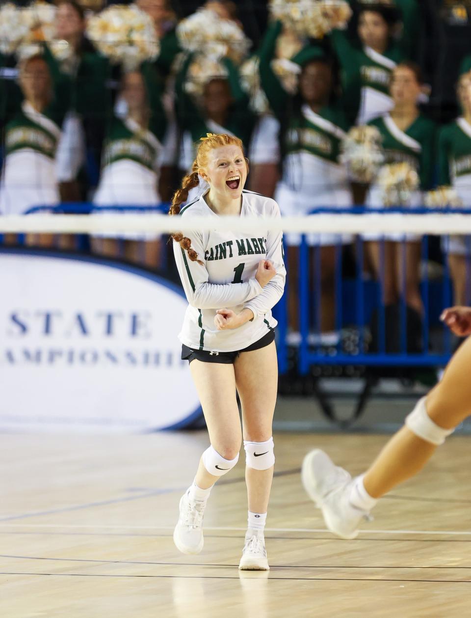 St. Mark’s Taylor Holly celebrates a point during Tower Hill’s 3-0 state volleyball championship win over St. Mark’s at the Bob Carpenter Center, Nov. 14, 2022.