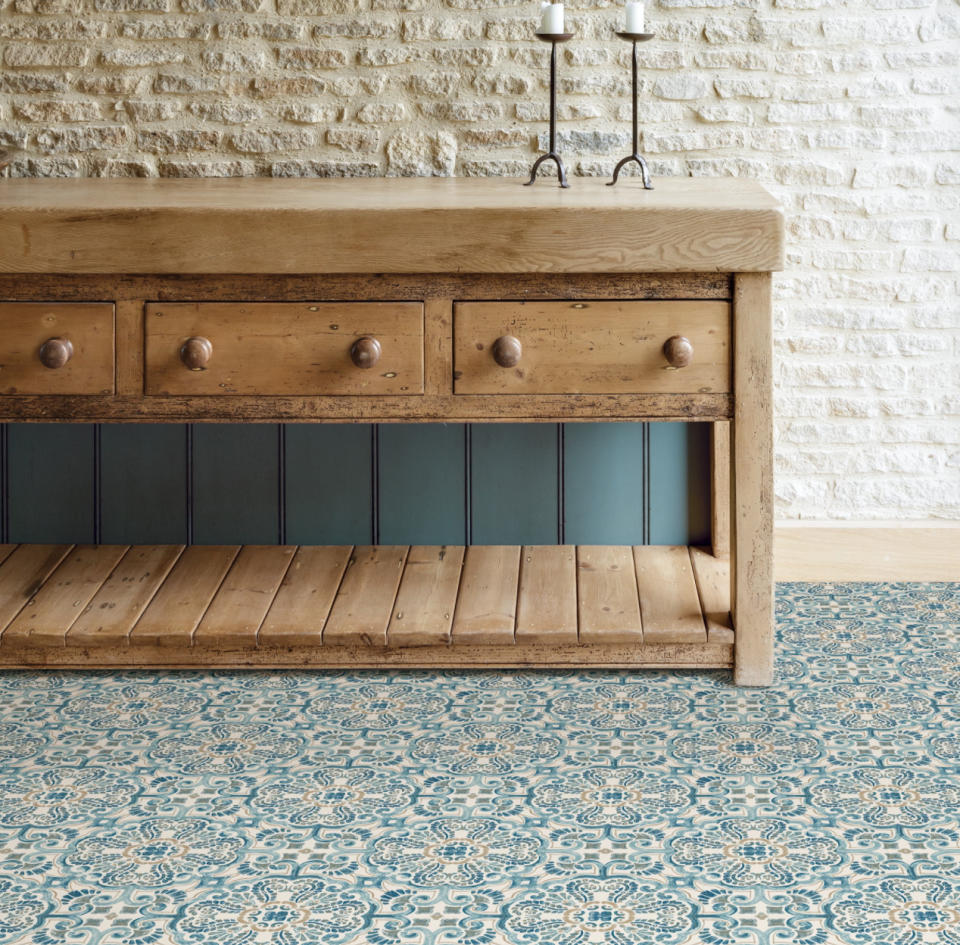 Blue, tan, and white, Moroccan inspired peel and stick floor tiles