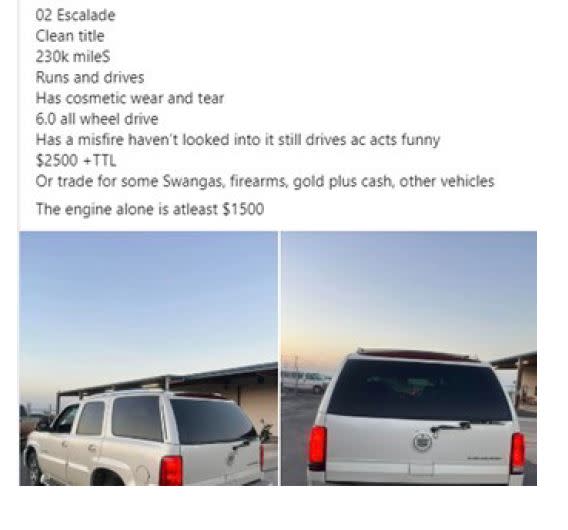 Facebook post offering to “trade” a Cadillac for “firearms” (Courtesy: Travis County Constable’s Office Pct. 3)