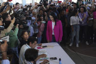 Alejandra del Moral, who is running for governor of Mexico state with the PRI-PAN-PRD coalition, arrives to cast her ballot during the local elections in Cuautitlán Izcalli, Mexico state, Sunday, June 4, 2023. (AP Photo/Marco Ugarte