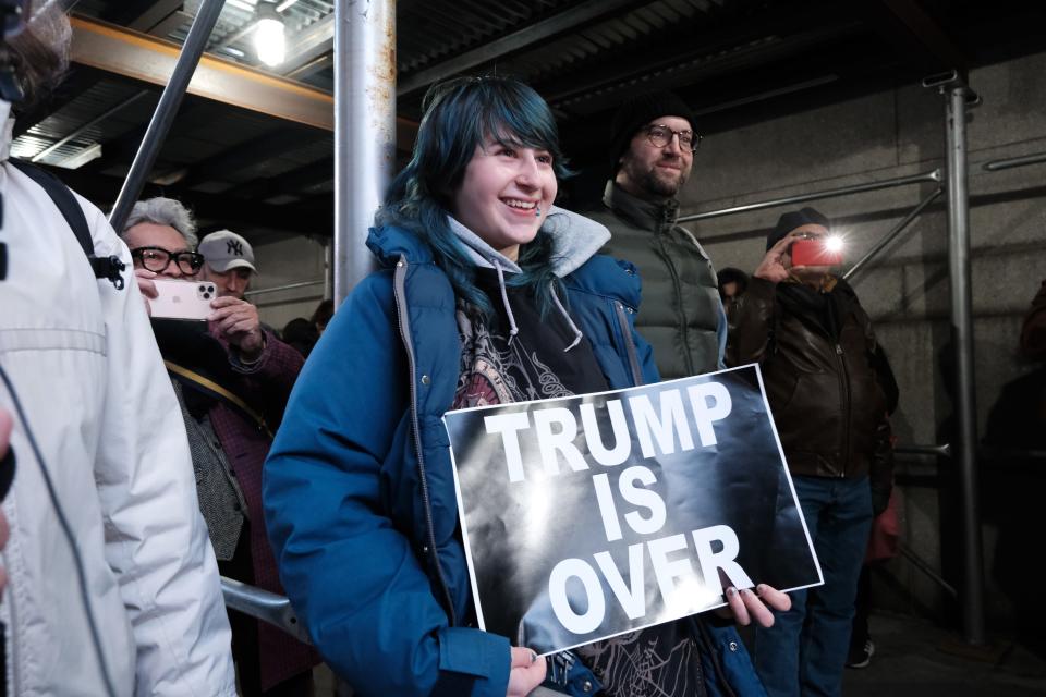 Police, media, and a small group of protesters gather outside of a Manhattan courthouse after news broke that former President Donald Trump has been indicted by a grand jury on March 30, 2023, in New York City. The indictment is sealed but the grand jury has been hearing evidence related to money paid to adult film actress Stormy Daniels during Trump’s 2016 presidential campaign.