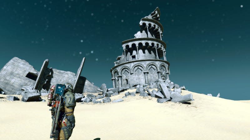 The protagonist of Starfield stands next to a decaying landmark on Earth.