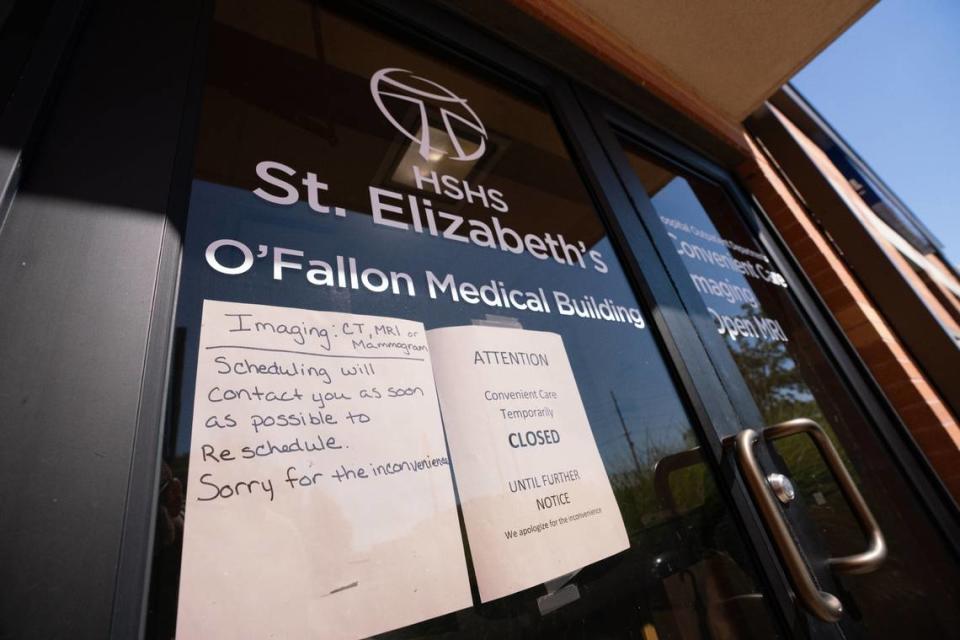 A hand-printed notice informs patients that the Convenient Care Imaging Open MRI Center in the O’Fallon Medical Building affiliated with St. Elizabeth’s Hospital is closed on Friday.