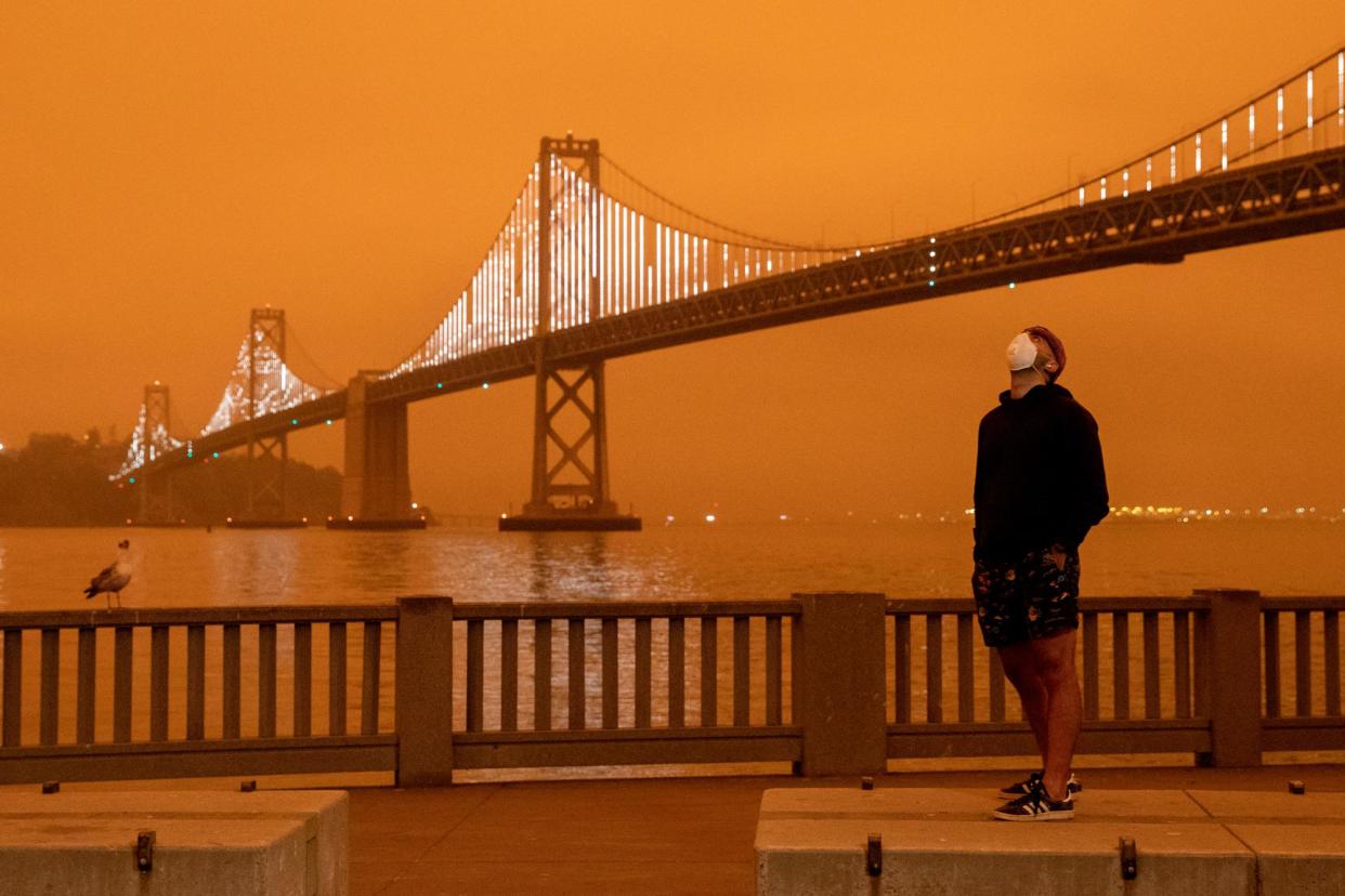 <span>Man wears a mask while looking up at the dark orange sky in San Francisco on 9 September 2020.</span><span>Photograph: Jessica Christian/San Francisco Chronicle via Getty Images</span>