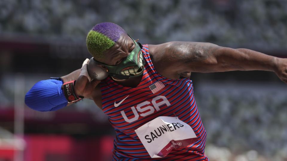 Raven Saunders competes in the final of the women's shot put on Sunday.