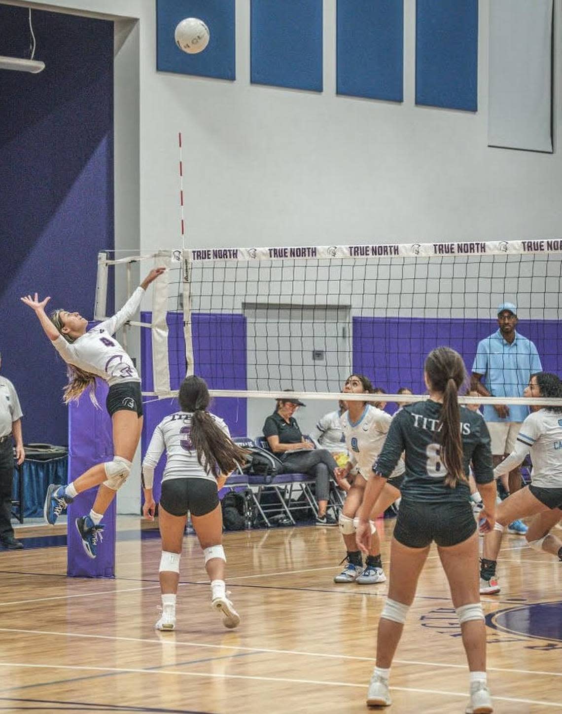 The True North girls’ volleyball team in match action.