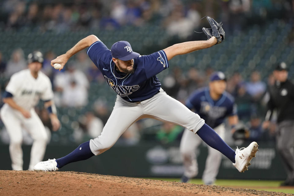 Tampa Bay Rays pitcher Ryan Thompson throws to a Seattle Mariners batter during the sixth inning of a baseball game Thursday, June 17, 2021, in Seattle. (AP Photo/Ted S. Warren)