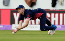 Cricket - England vs West Indies - First One Day International - Emirates Old Trafford, Manchester, Britain - September 19, 2017 England’s Chris Woakes drops West Indies’ Jason Mohammed Action Images via Reuters/Jason Cairnduff