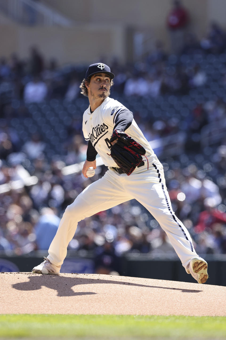 Minnesota Twins starting pitcher Joe Ryan (41) throws during the first inning of a baseball game against the Houston Astros, Saturday, April 8, 2023, in Minneapolis. (AP Photo/Stacy Bengs)