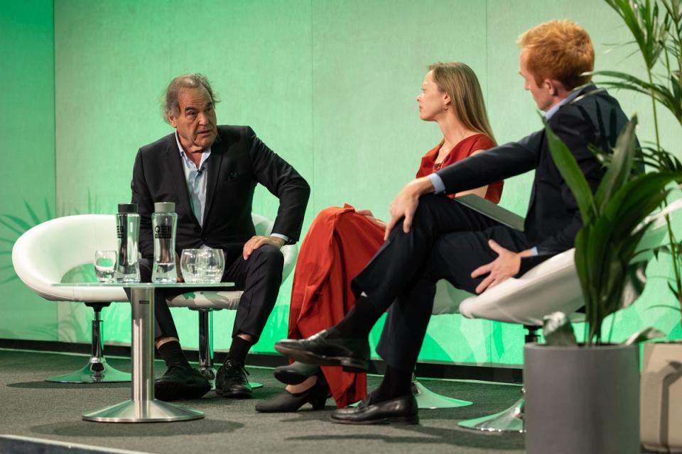 Hollywood director Oliver Stone speaks to Dr Shannon Bragg-Sitton of Idaho National Laboratory and the FT’s Tom Wilson at the Climate Tech Summit on Tuesday 13 June 2023 (Aidan Synnott / London Tech Week)