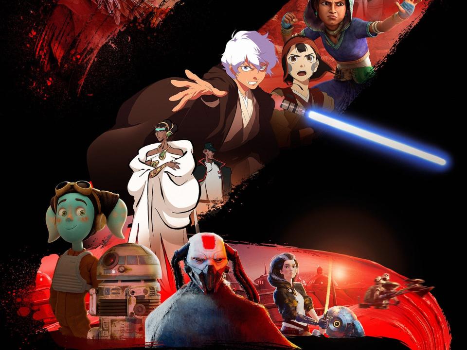 star wars visions season 2 key art showing characters from the show's second season imposed within a brushstroke number 2