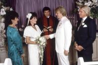 <p>The actress and Swedish singer tied the knot at the Little White Wedding Chapel. Her best friend, Judy Bryer, stands by her side as the Matron of Honor.</p>