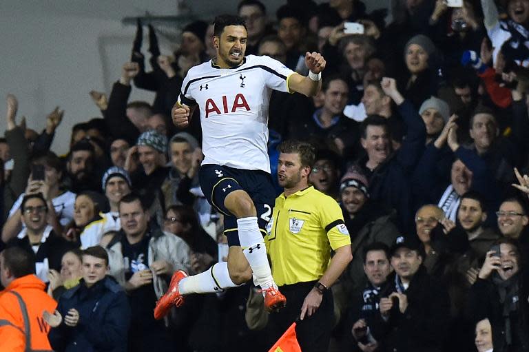 Tottenham Hotspur's Belgian midfielder Nacer Chadli celebrates after scoring a goal during the English Premier League football match between Tottenham Hotspurs and Swansea City at White Hart Lane in London on March 4, 2015