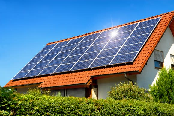 Large roof with solar panels.