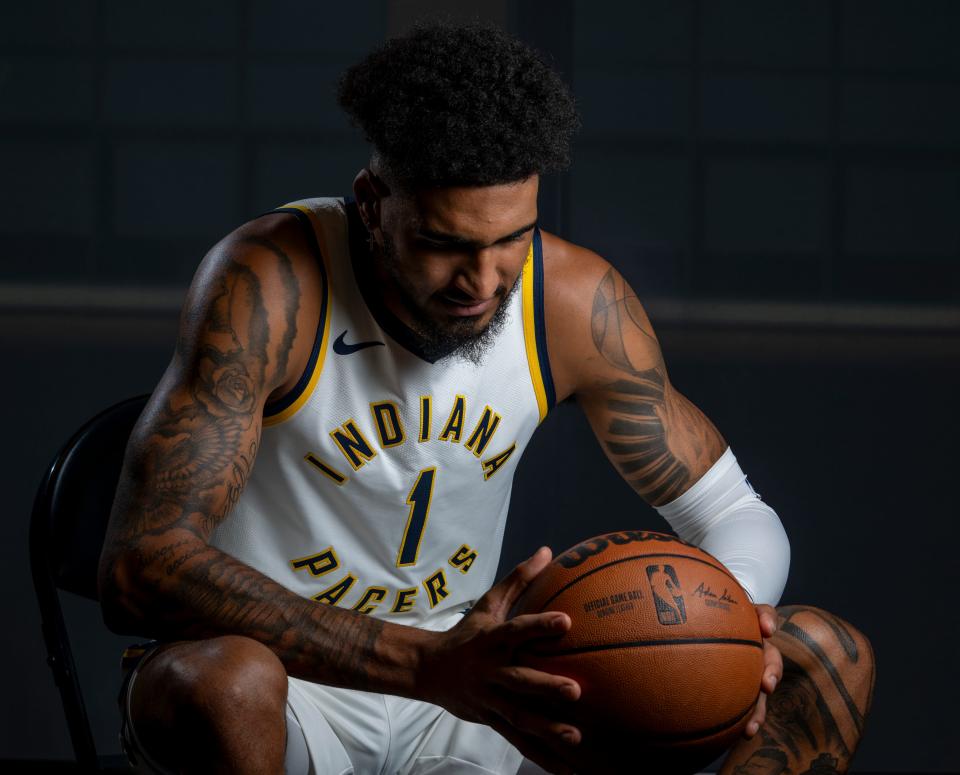 Indiana Pacers forward Obi Toppin (1) at Pacers media day, at St. Vincent Center, downtown Indianapolis, Monday, Oct. 3, 2023. The team is currently in preseason and the team’s opening game is Oct. 25.