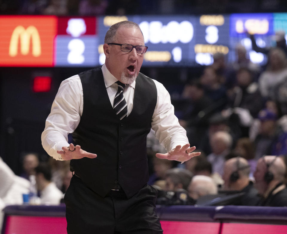 Texas A&M head coach Buzz Williams gestures during an NCAA college basketball game against LSU, Saturday, Jan. 20, 2024, in Baton Rouge, La. (Hilary Scheinuk/The Advocate via AP)