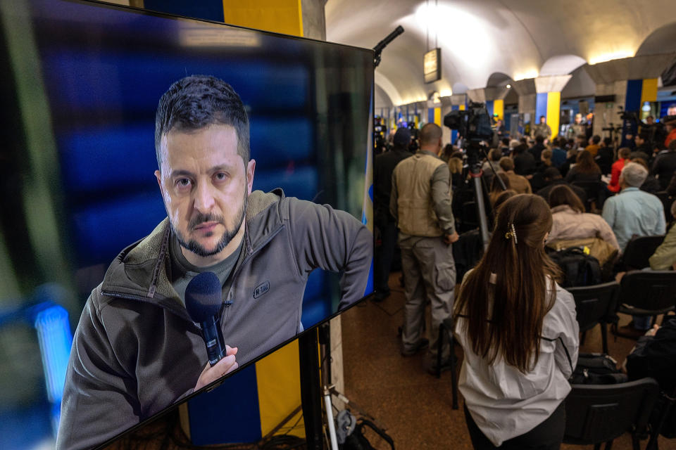 Ukrainian President Volodymyr Zelensky takes questions from the media in Kyiv on April 23, 2022.