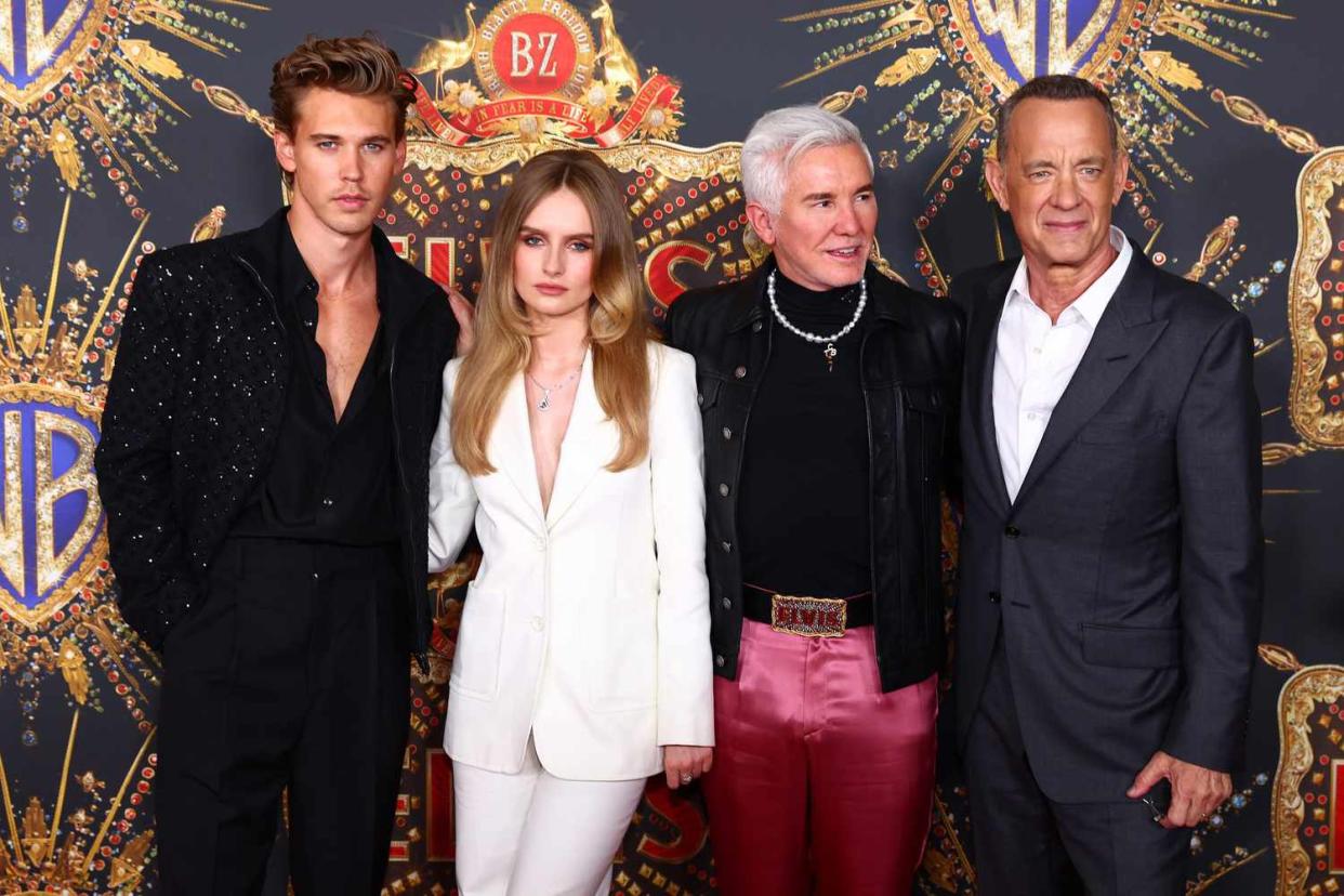 GOLD COAST, AUSTRALIA - JUNE 04: Austin Butler, Olivia DeJonge, Baz Luhrmann and Tom Hanks attend the Australian premiere of ELVIS at Event Cinemas Pacific Fair on June 04, 2022 in Gold Coast, Australia. (Photo by Chris Hyde/Getty Images)