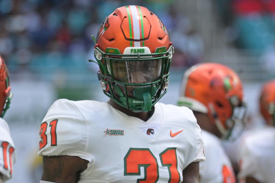 Florida A&M University linebacker Isaiah Land (31) looks on during pregame of Orange Blossom Classic at Hard Rock Stadium in Miami Gardens, Sept. 4, 2022