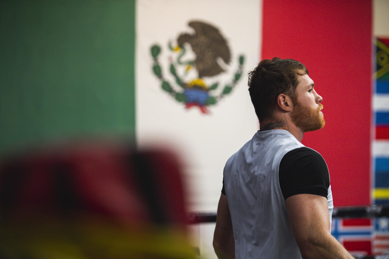 SAN DIEGO, CA - OCTOBER 20:  WBA, WBO, WBC and The Ring super middleweight title holder Canelo Alvarez goes through his media workout at Canelo's Gym on October 20, 2021 in San Diego, California. (Photo by Matt Thomas/Getty Images)