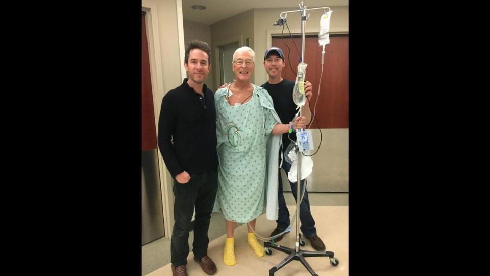 Bob Dickinson, the retired CEO of Carnival Cruise Lines, is flanked by his two sons, from left: Matt Dickinson and Rob Dickinson. Bob Dickinson was diagnosed with Stage 1 pancreatic cancer in 2019 and was treated by Dr. Horacio Asbun at Miami Cancer Institute, part of Baptist Health South Florida.