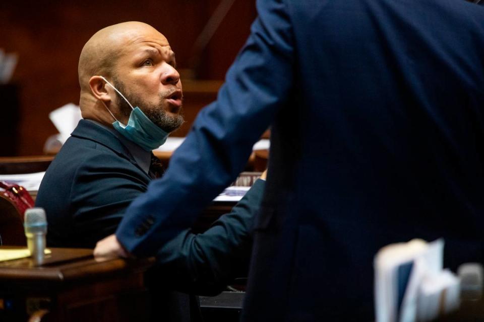 John King D-York speaks with House colleagues at the South Carolina State House on January 11, 2022.