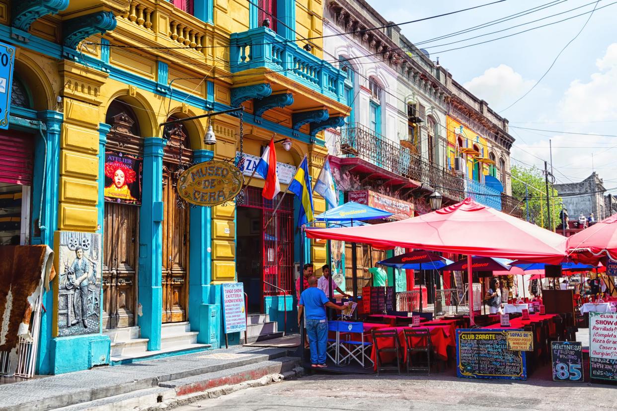 Colorful buildings and restaurants in the La Boca neighborhood, Buenos Aires, Argentina