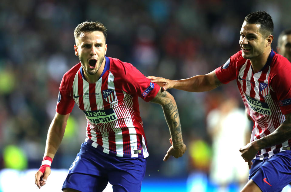 Saul celebrates his extra-time winner for Atletico Madrid against Real Madrid in the 2018 UEFA Super Cup. (Getty)