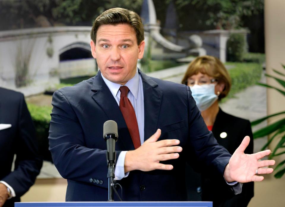 Florida Governor Ron DeSantis holds a press conference in West Palm Beach Thursday, January 6, 2022.