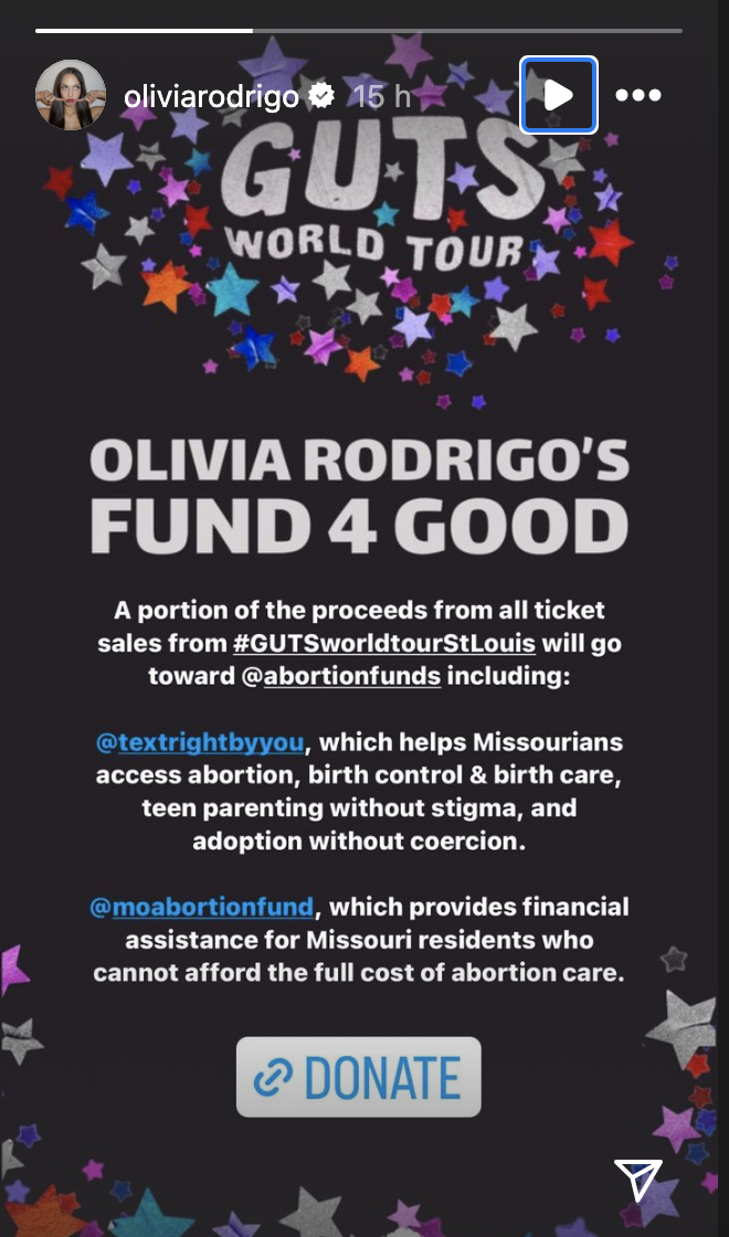 Olivia Rodrigo's instagram story supporting fund 4 good