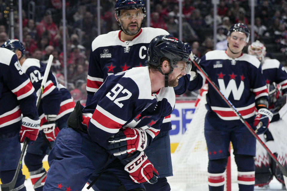 Washington Capitals center Evgeny Kuznetsov (92) skates off the ice after getting injured during the second period of an NHL hockey game against the San Jose Sharks, Sunday, Feb. 12, 2023, in Washington. (AP Photo/Jess Rapfogel)