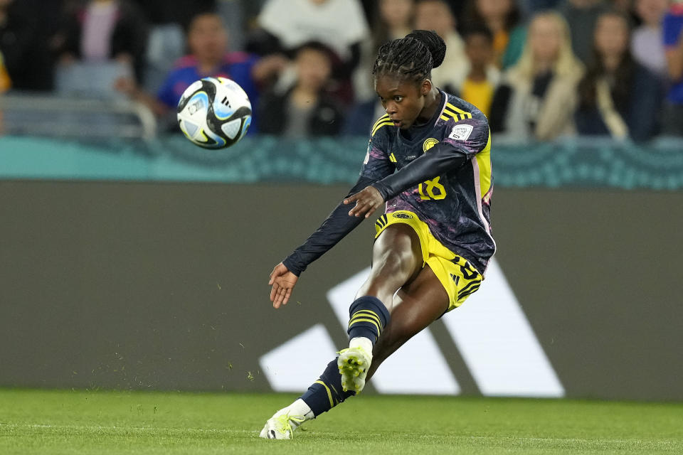 FILE - Colombia's Linda Caicedo kicks the ball during the Women's World Cup quarterfinal soccer match between England and Colombia at Stadium Australia in Sydney, Australia, Saturday, Aug. 12, 2023. FIFA’s player of the year awards are up for grabs Monday, Jan. 15, 2024 with the women’s award finalists being 2023 World Cup winners Aitana Bonmatí and Jenni Hermoso of Spain, plus Linda Caicedo of Colombia. (AP Photo/Mark Baker, file)