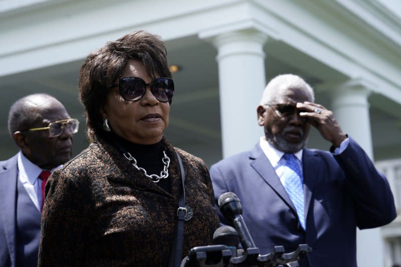 Cheryl Brown Henderson, daughter of the case plaintiff Oliver Brown, speaks to the media after meeting with President Joe Biden at the White House Thursday. Photo by Yuri Gripas/UPI