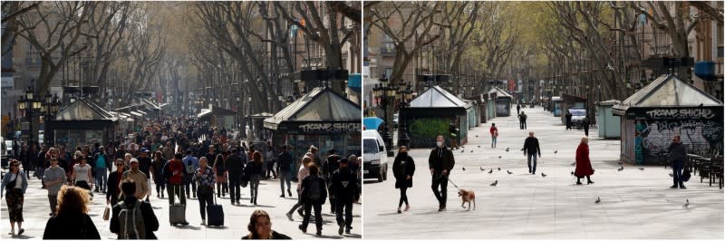 A combination picture shows a general view of Las Ramblas, in Barcelona