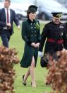 <p>Duchess Catherine dons a green coat from Catherine Walker at the annual St. Patrick's Day parade in London. She accessorized with an Irish Guards brooch to celebrate the day of good fortune.</p>