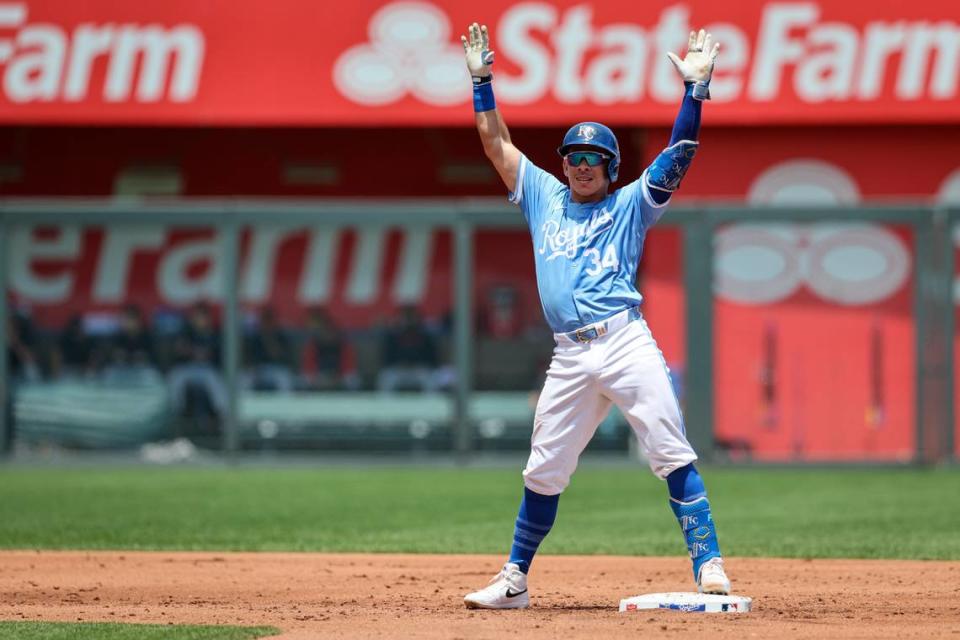 Kansas City Royals catcher Freddy Fermin doubled during the second inning of Sunday afternoon’s game against the Cleveland Guardians at Kauffman Stadium.