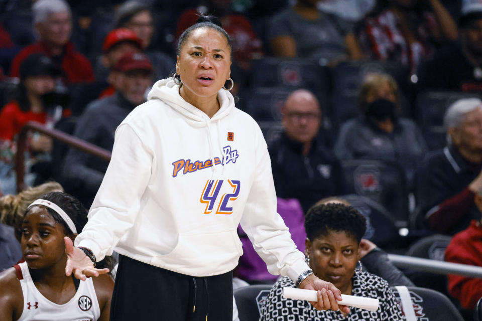 South Carolina head coach Dawn Staley reacts to an official's call during the second half of an NCAA college basketball game against Hampton in Columbia, S.C., Sunday, Nov. 27, 2022. South Carolina won 85-38. (AP Photo/Nell Redmond)