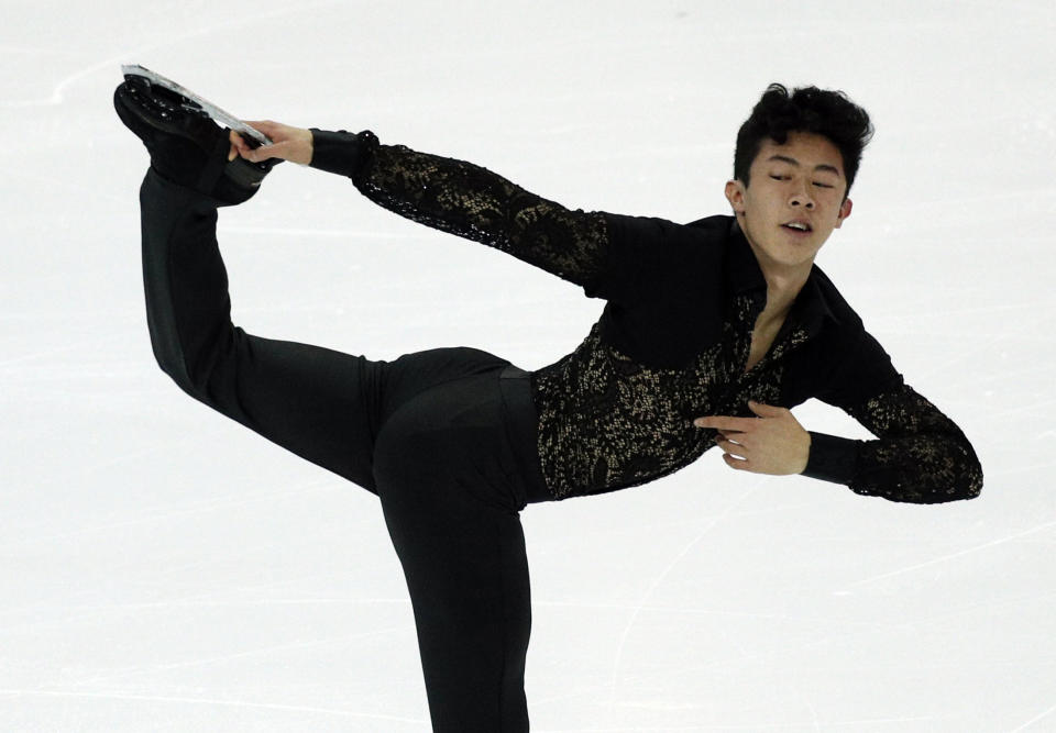 FILE - In this Dec. 8, 2016, file photo, Nathan Chen of the United States, competes in the men's short program at the Grand Prix of Figure Skating final in Marseille, southern France. The 17-year-old's revelatory performance at last month's Grand Prix final in France has made him American figure skating's bright new star. (AP Photo/Christophe Ena, File)