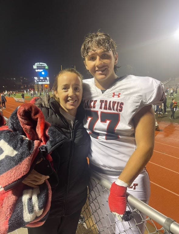 Former Lake Travis lineman Carter Mannon, with is mother Shawna after a game last fall, had his football gear stuffed with peanuts after he told teammates he "could die" from exposure to peanut products, of which he is allergic. He has since transferred to Vandegrift.